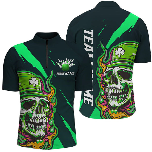 MaxCorners Bowling And Pins St Patrick'S Day Skull  Customized Name, Team Name 3D Stand Collar Zipper Polo Shirt For Men