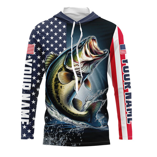 Maxcorners Personalized American Flag Bass Long Sleeve Fishing Shirts, Patriotic Bass Fishing Jerseys LM0501