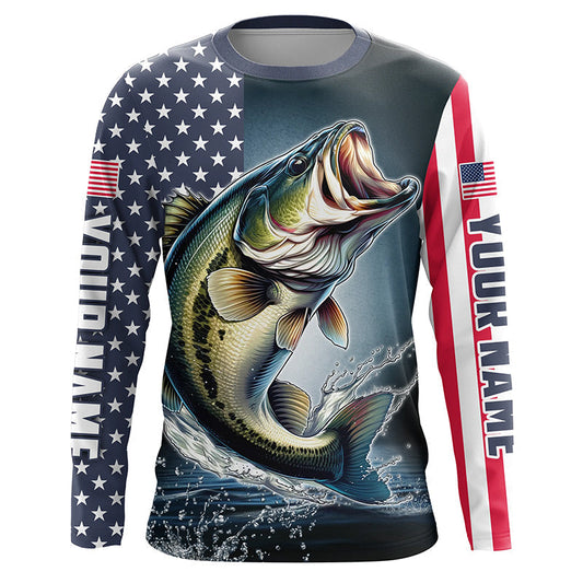 Maxcorners Personalized American Flag Bass Long Sleeve Fishing Shirts, Patriotic Bass Fishing Jerseys LM0501