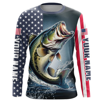 Maxcorners Personalized American Flag Bass Long Sleeve Fishing Shirts, Patriotic Bass Fishing Jerseys LM0201