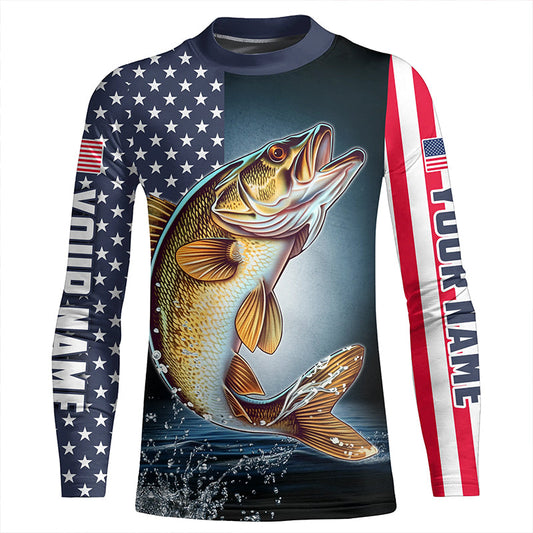 Maxcorners Personalized American Flag Walleye Long Sleeve Fishing Shirts, Patriotic Walleye Fishing Jersey LM0501