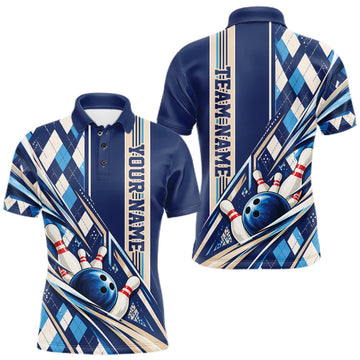 Maxcorners Custom Blue Argyle Pattern Retro Bowling Men Polo Shirt, Team Uniform LM0410
