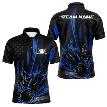 Maxcorners Custom Black And Blue US Flag Patriotic Men Bowling Shirt, American Flame Bowling Jerseys LM2901