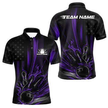 Maxcorners Custom Black And Purple US Flag Patriotic Men Bowling Shirt, American Flame Bowling Jersey LM2901