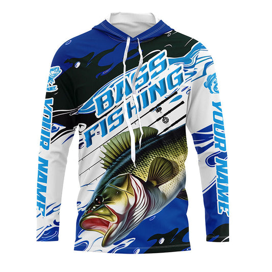 Maxcorners Custom Largemouth Bass Fishing Jerseys, Bass Long Sleeve Tournament Fishing Shirts | Blue Camo LM0201