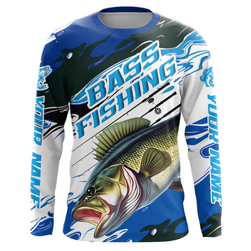 Maxcorners Custom Largemouth Bass Fishing Jerseys, Bass Long Sleeve Tournament Fishing Shirts | Blue Camo LM0201
