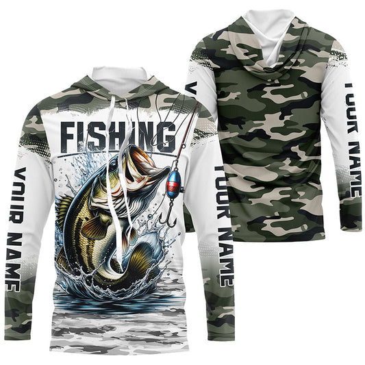 Maxcorners Bass Fishing Camo Custom Long Sleeve Fishing Shirts, Personalized Bass Fishing Jerseys LM0201