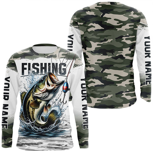 Maxcorners Bass Fishing Camo Custom Long Sleeve Fishing Shirts, Personalized Bass Fishing Jerseys LM0201