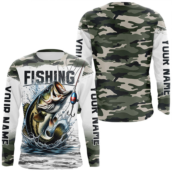 Maxcorners Bass Fishing Camo Custom Long Sleeve Fishing Shirts, Personalized Bass Fishing Jerseys LM2408