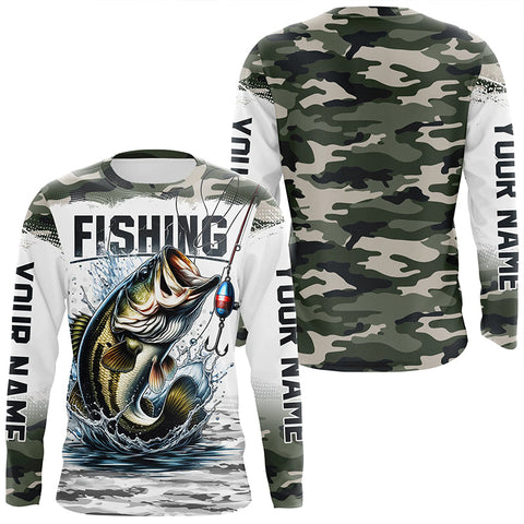 Maxcorners Bass Fishing Camo Custom Long Sleeve Fishing Shirts, Personalized Bass Fishing Jerseys LM2408