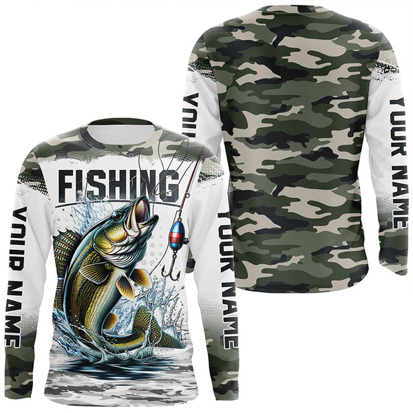 Maxcorners Walleye Fishing Camo Custom Long Sleeve Fishing Shirts, Personalized Walleye Fishing Jerseys LM2408