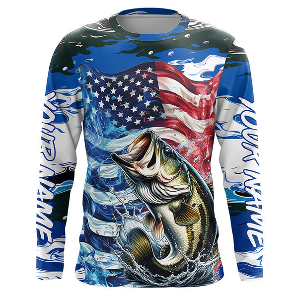 Maxcorners Custom American Flag Bass Long Sleeve Fishing Shirts, Patriotic Blue Camo Bass Fishing Jerseys LM2408