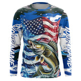 Maxcorners Custom American Flag Walleye Long Sleeve Fishing Shirts, Patriotic Blue Camo Walleye Fishing Jerseys LM2408