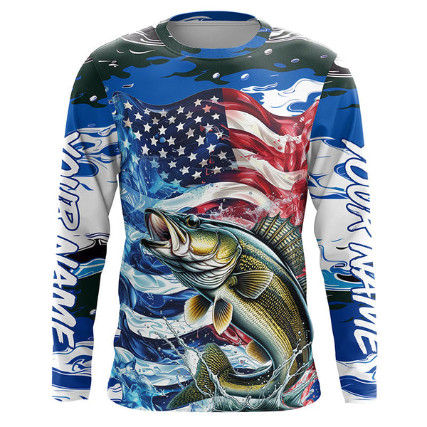 Maxcorners Custom American Flag Walleye Long Sleeve Fishing Shirts, Patriotic Blue Camo Walleye Fishing Jerseys LM2408