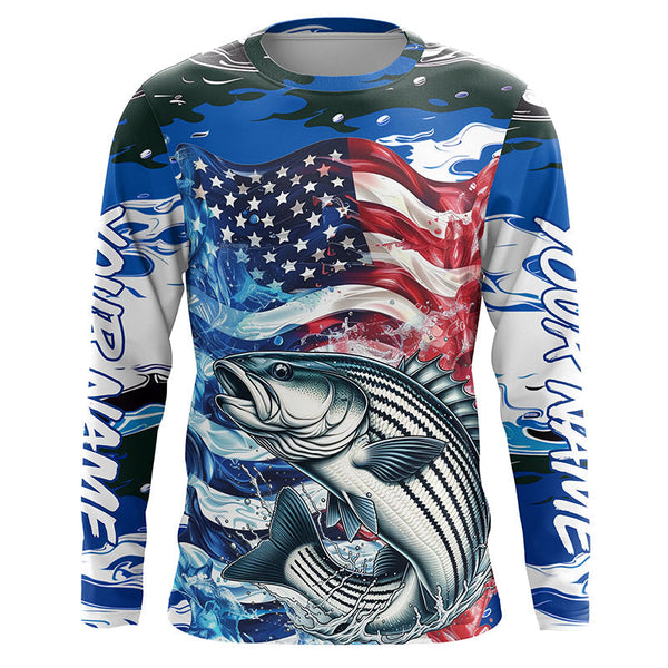 Maxcorners Custom American Flag Striped Bass Long Sleeve Fishing Shirts, Blue Camo Striper Fishing Jerseys LM2408