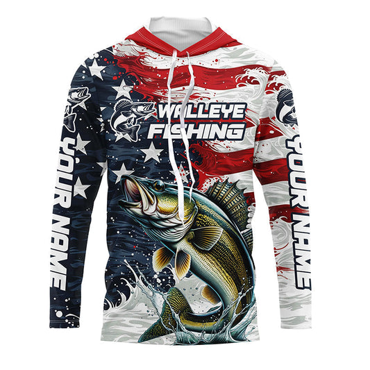Maxcorners Personalized American Flag Walleye Long Sleeve Fishing Shirts, Patriotic Walleye Fishing Jerseys LM0501
