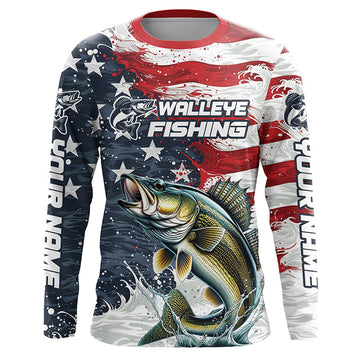 Maxcorners Personalized American Flag Walleye Long Sleeve Fishing Shirts, Patriotic Walleye Fishing Jerseys LM0501