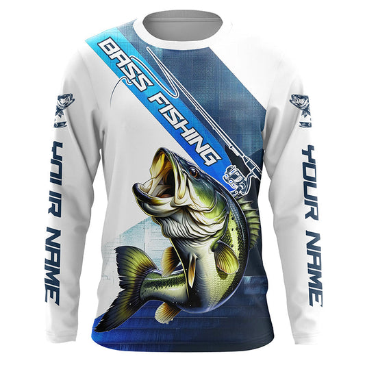 Maxcorners Largemouth Bass Fishing Custom Long Sleeve Performance Shirts, Bass Tournament Fishing Jersey | Blue LM0201