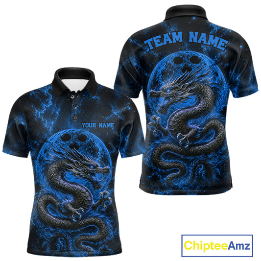 Maxcorners Custom Ancient Blue Dragon And Glowing Bowling Ball Moon Men Polo Team Shirt
