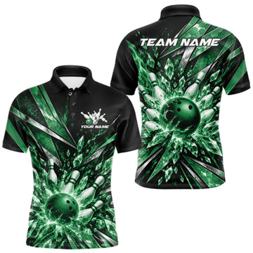 Maxcorners Custom Green Icy Crystal Bowling Men Polo Shirt, Ice Bowling Team Jersey Bowler Outfit LM0410