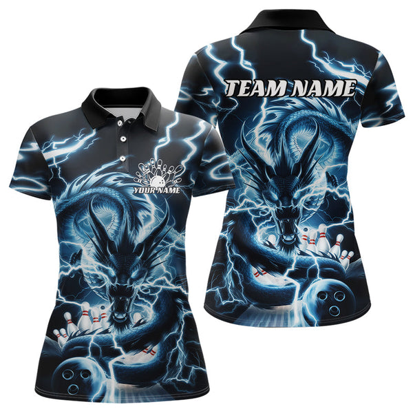 Maxcorners Custom Black And Blue Thunder Lightning Dragon Bowling Team Polo Shirts For Men Bowler Shirt