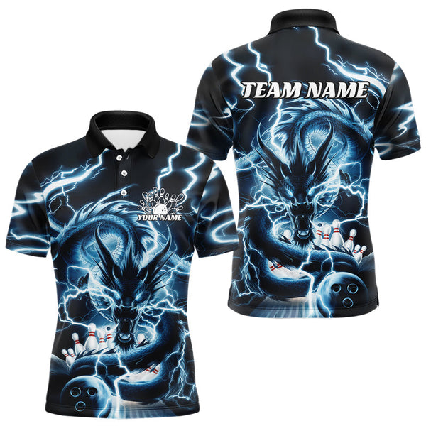 Maxcorners Custom Black And Blue Thunder Lightning Dragon Bowling Team Polo Shirts For Men Bowler Shirt