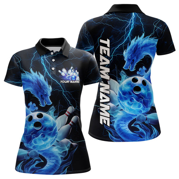 Maxcorners Custom Black And Blue Thunder Lightning Dragon Bowling Polo Shirts For Women, Team Uniform