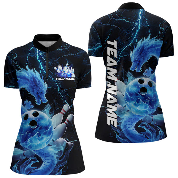 Maxcorners Custom Black And Blue Thunder Lightning Dragon Bowling Polo Shirts For Women, Team Uniform