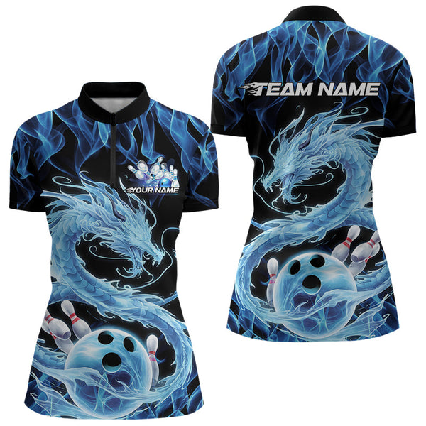 Maxcorners Black And Blue Custom Flame Dragon Bowling Polo Shirts For Women, Bowling League Shirt