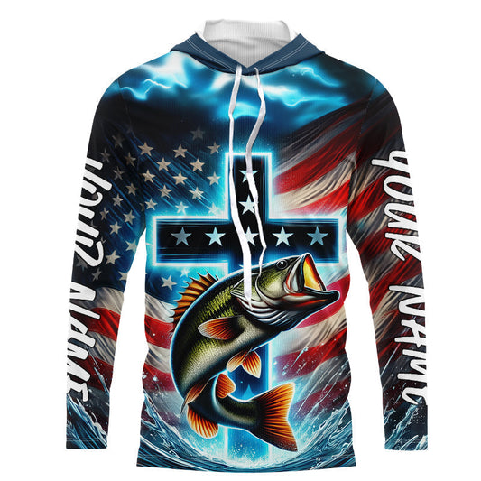 Maxcorners Custom Faith Largemouth Bass Patriotic Long Sleeve Hooded Tournament Fishing Shirt LM0201