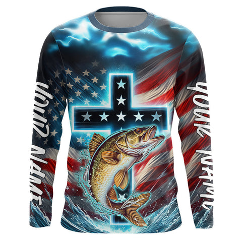 Maxcorners Custom Faith Walleye Patriotic Long Sleeve Tournament Fishing Shirt, Walleye Fishing Jersey LM0607