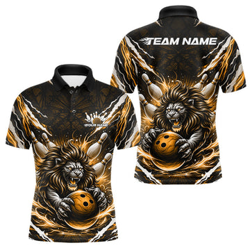 Maxcorners Custom Black And Gold Lion Bowling Jerseys, Lion Bowling Tournament Men Polo Shirt