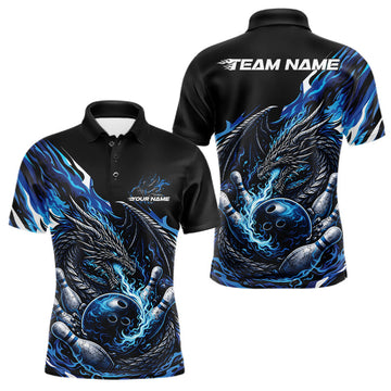 Maxcorners Custom Blue Flame Dragon Bowling Men Polo Team Shirts, Bowling Tournament Shirt