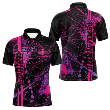 Maxcorners Custom Purple And Pink Splatter Camo Strike Bowling League Shirts, Men Bowling Jerseys LM0602