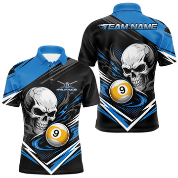 Maxcorners Custom Black And Blue 9 Ball Skull Billiards Men Polo Shirt, Pool Team Shirt