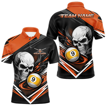 Maxcorners Custom Black And Orange 9 Ball Skull Billiards Men Polo Shirt, Pool Team Shirt