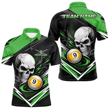 Maxcorners Custom Black And Green 9 Ball Skull Billiards Men Polo Shirt, Pool Team Shirt