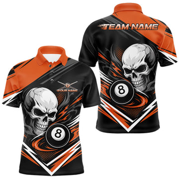 Maxcorners Custom Black And Orange 8 Ball Skull Billiards Men Polo Shirt, Pool Team Shirt