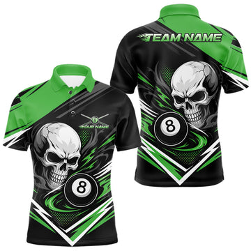 Maxcorners Custom Black And Green 8 Ball Skull Billiards Men Polo Shirt, Pool Team Shirt