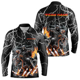 Maxcorners Black Thunder Lightning Grim Reaper Riding Dragon Custom Bowling Long Sleeve Polo Shirts For Men TU2908