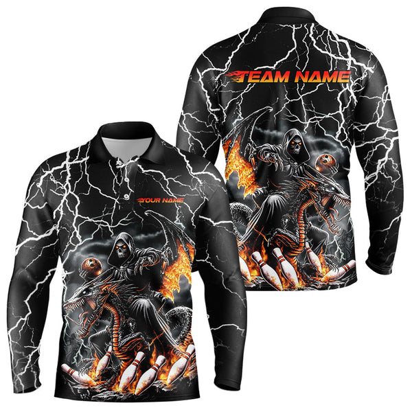 Maxcorners Black Thunder Lightning Grim Reaper Riding Dragon Custom Bowling Long Sleeve Polo Shirts For Men TU2908