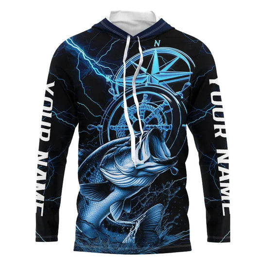 Maxcorners Blue Thunder Lightning Custom Largemouth Bass Compass Long Sleeve Hooded Tournament Fishing Shirts LM0201