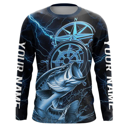Maxcorners Blue Thunder Lightning Custom Largemouth Bass Compass Long Sleeve Tournament Fishing Shirts LM0201
