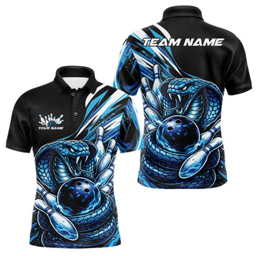 Maxcorners Custom Black And Blue Cobra Snake Men Bowling Polo Shirts, Cobra Bowling Jersey LM0101