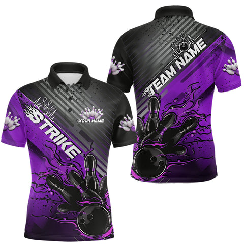 Maxcorners Custom Purple Strike Flame Bowling Polo Shirts For Men, Bowling Team Shirt Bowlers Outift LM3010