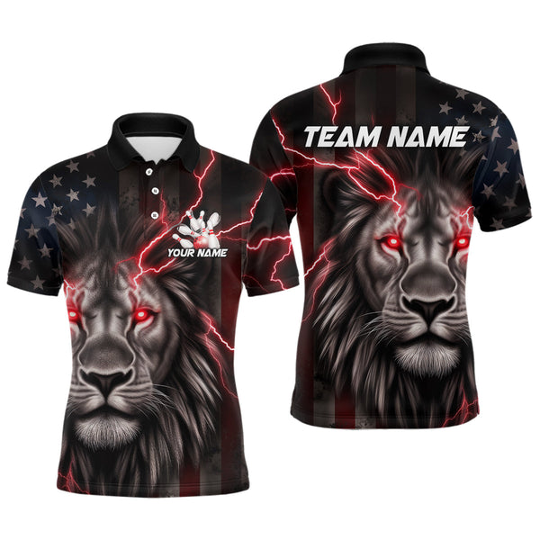 Maxcorners Custom Red Thunder Lightning Patriotic Lion Polo Shirts For Men, US Flag Bowling Jersey MT1706
