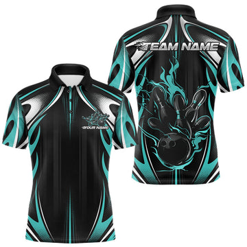 Maxcorners Custom Turquoise Blue Flame Bowling Team Jersey, Bowling League Men Polo Shirt