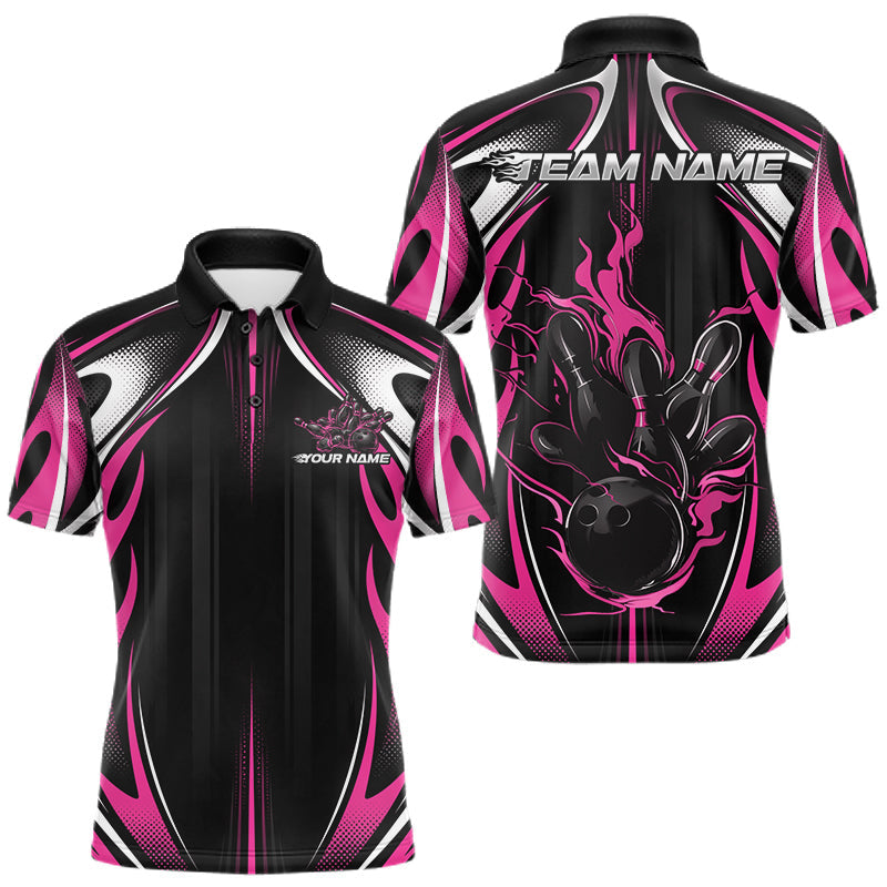 Maxcorners Custom Black And Pink Flame Bowling Team Jersey, Bowling League Men Polo Shirt