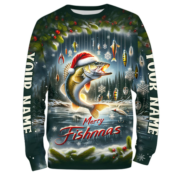 Maxcorners Custom Walleye Christmas Fishing Shirts Full Printing Shirts Fishing Gifts For Men, Women And Kids LM2408