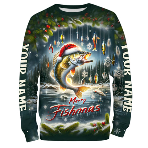 Maxcorners Custom Walleye Christmas Fishing Shirts Full Printing Shirts Fishing Gifts For Men, Women And Kids LM2408